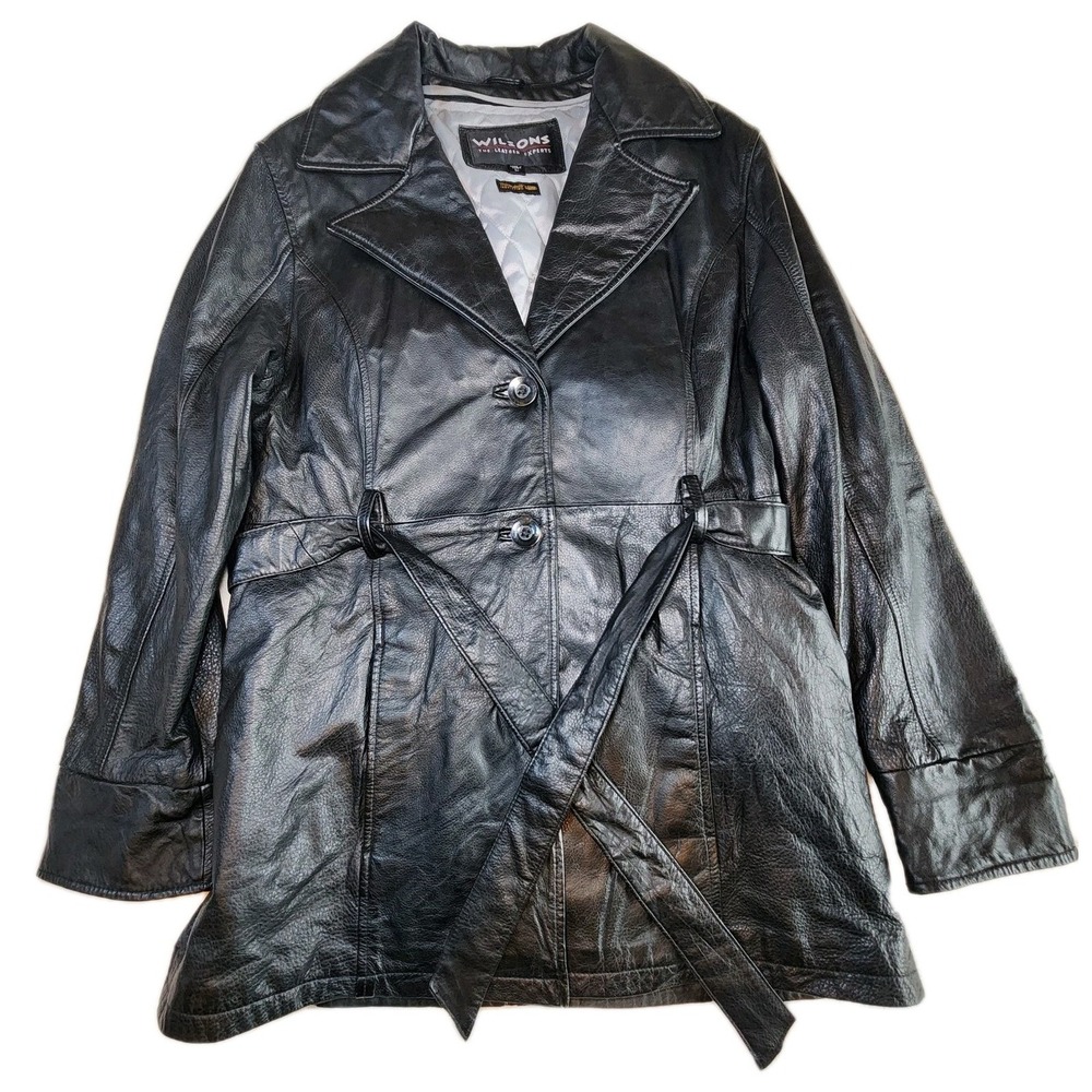 WILSONS Leather Jacket Women Large Black Thinsulate Belted Trench Goth Cyberpunk